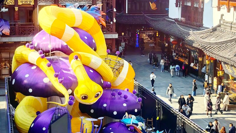 Snake-shaped lantern installation set up at Yuyuan Garden in Shanghai