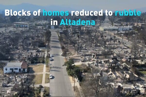 California Wildfires: Firefighters Make Progress As Winds Settle Blocks of homes reduced to rubble in Altadena video poster