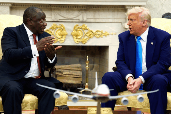 Trump Challenges South African President Over Land and Safety Concerns Trump confronts South African president with conspiracy claims video poster
