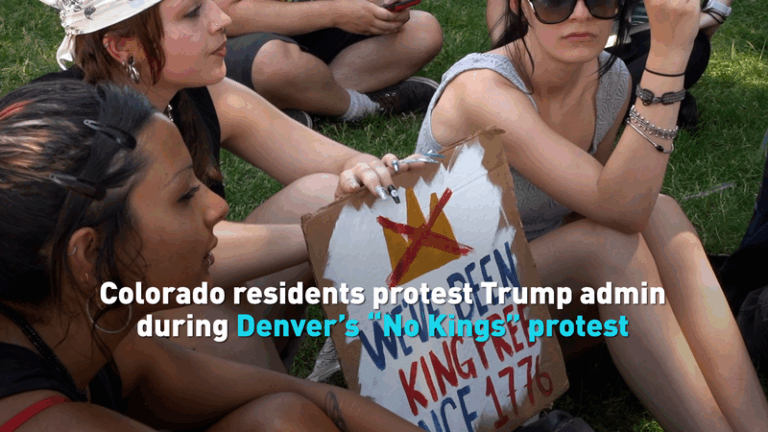 Colorado residents protest Trump during Denver’s “No Kings” protest video poster