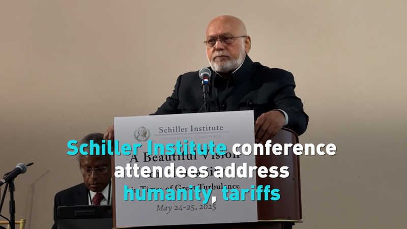Schiller Institute conference attendees address humanity, tariffs video poster