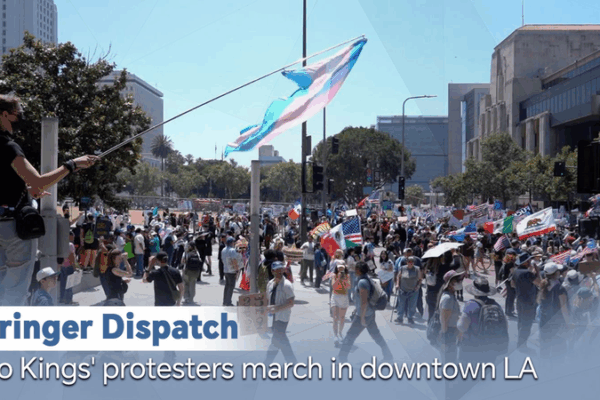 Thousands March in California for Fairness and Freedom π½ Stringer Dispatch: 'No Kings' protesters march in downtown LA video poster