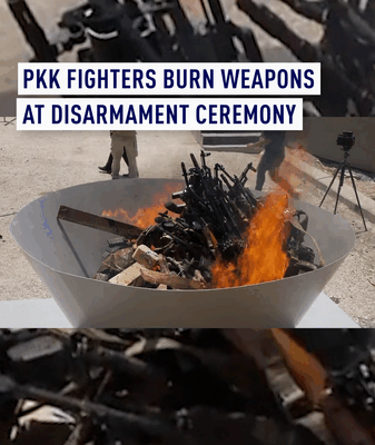 Kurdish Fighters Burn Their Weapons for Peace in Türkiye! 🌟 Kurdish PKK burns weapons amid push for peace with Turkiye video poster